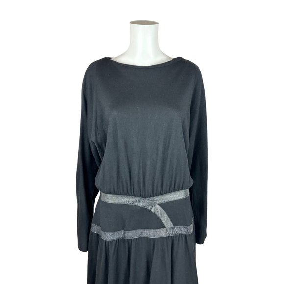Vintage 80s Black Dress Women's Large Faux Leather Trim Waist Batwing Sleeves Bo - Picture 2 of 10